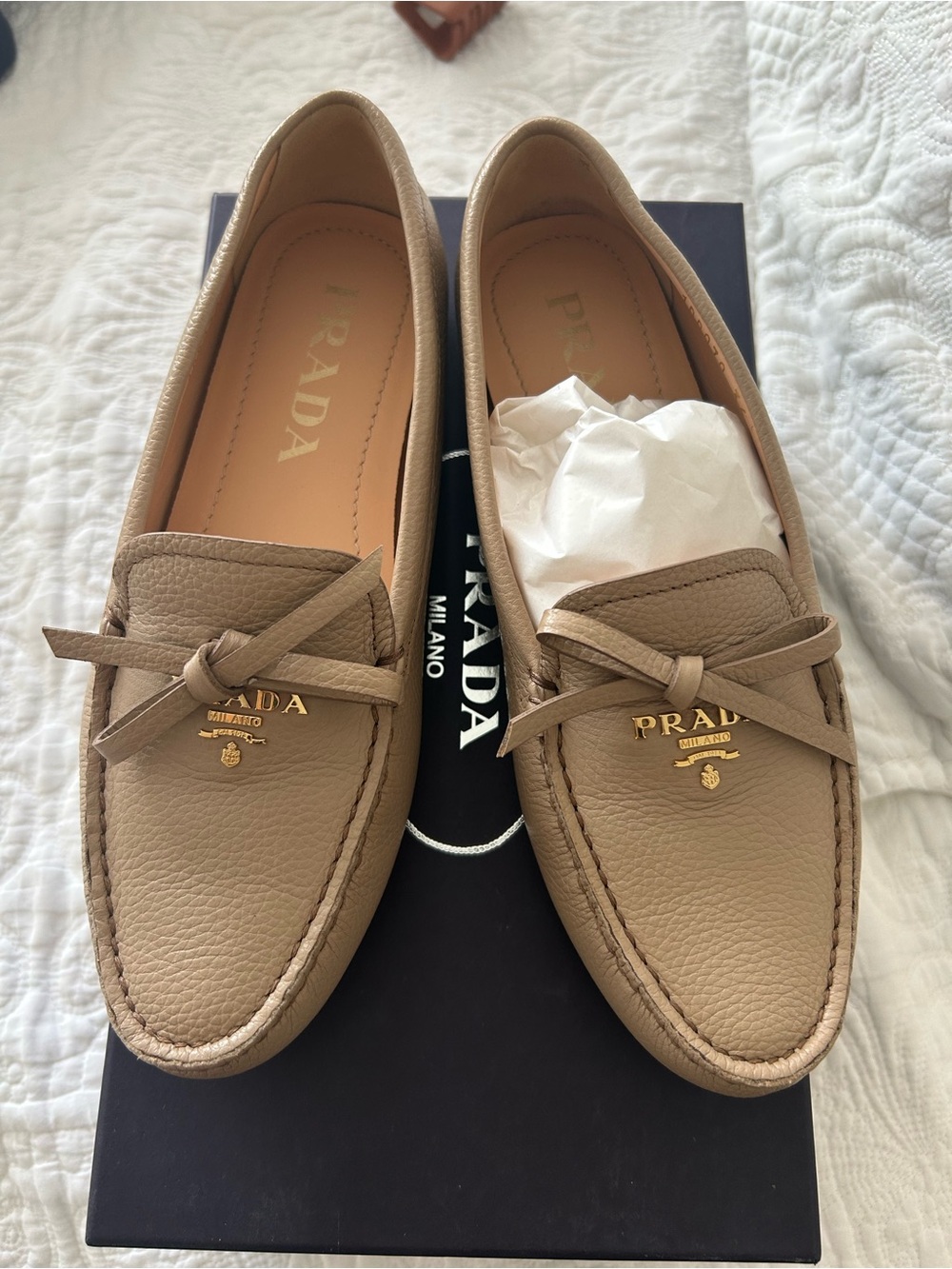 Prada Beige Leather Driving Loafers